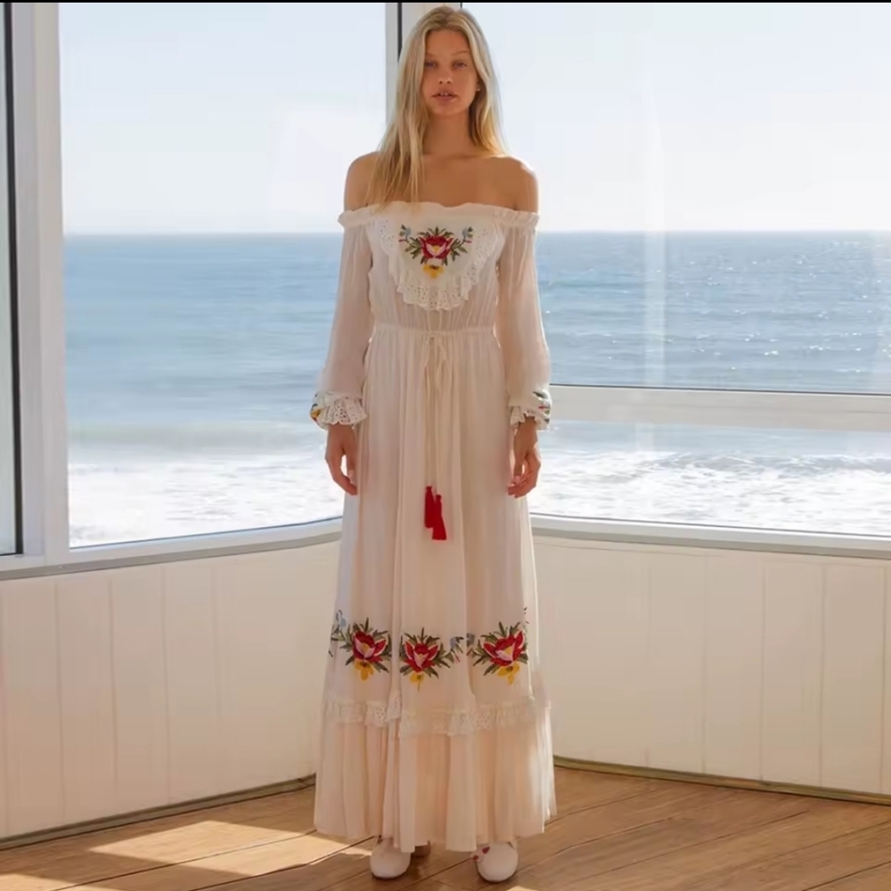 Bohemian Off-Shoulder Embroidered Cream Dress - Picture 4 of 15